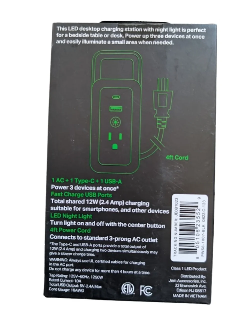 12W 3-in-1 Desktop Charging Station with LED Night Light - Black